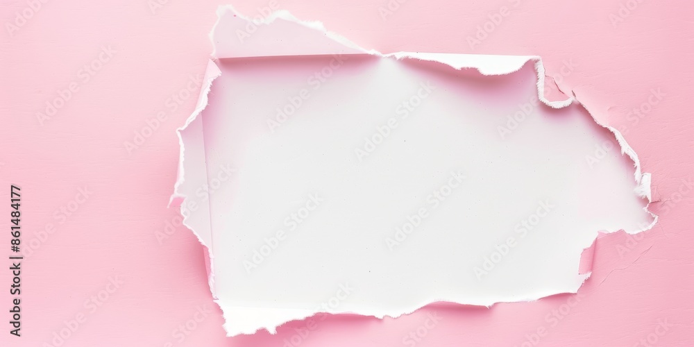Torn hole paper background. An overhead view of pink torn paper revealing a soft pastel color background for dramatic contrast. Ideal for announcements promotions Torn hole paper background. An overhead view of pink torn paper revealing a soft pastel color background for dramatic contrast. Ideal for announcements promotions