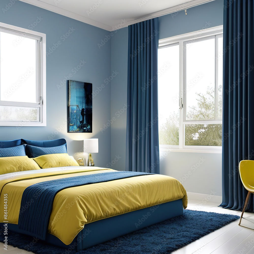 Modern luxury bedroom interior in minimal scandinavian style, yellow and blue colors
Modern luxury bedroom interior in minimal scandinavian style, yellow and blue colors