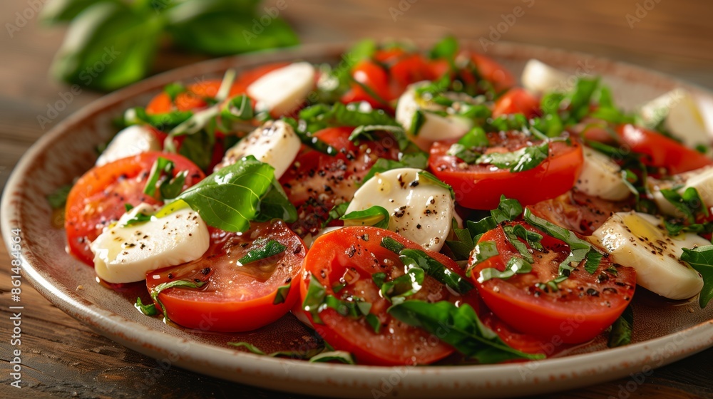 Fresh Tomato and Mozzarella Salad With Basil on Rustic Wooden Table Fresh Tomato and Mozzarella Salad With Basil on Rustic Wooden Table