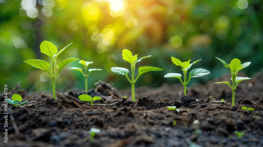 Small plants emerging from soil with a sunlit, green background.