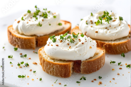 Crostini with cream cheese, isolated on white background. High resolution image