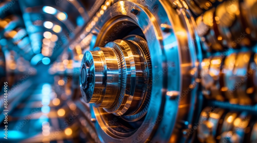 A close-up of intricate metallic machinery in a modern industrial setting with vivid blue and orange lighting. A close-up of intricate metallic machinery in a modern industrial setting with vivid blue and orange lighting.