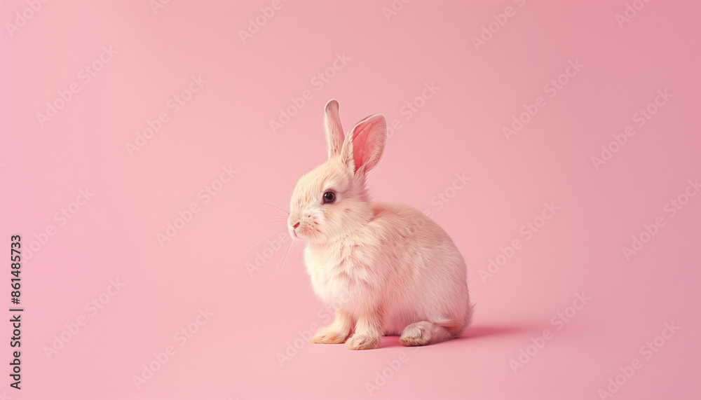 Fototapeta premium Adorable baby rabbit with soft fur sits against a pink background, exuding cuteness and innocence, capturing hearts with its delicate and sweet appearance