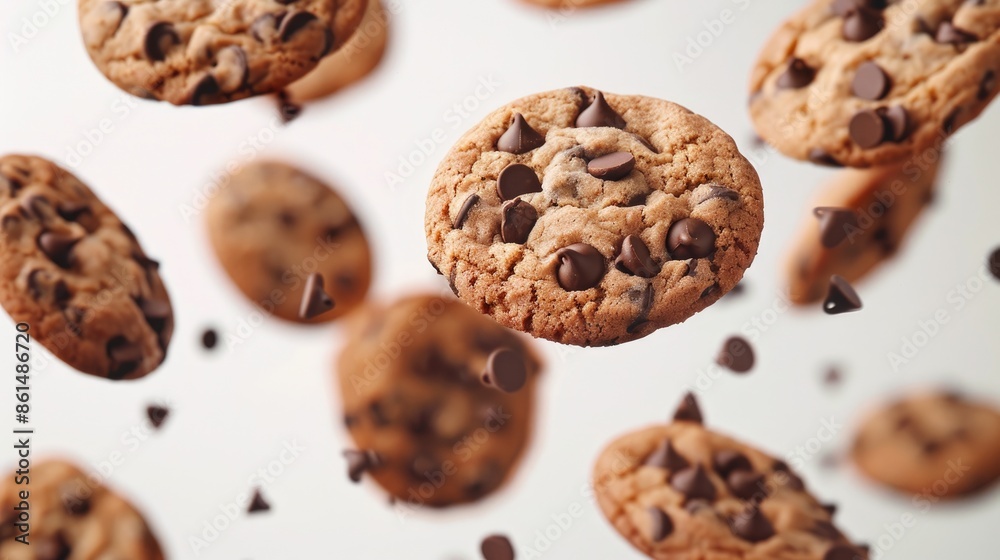 An enticing display of chocolate chip cookies falling gracefully against a backdrop of white, each cookie promising a moment of pure indulgence and culinary satisfaction.