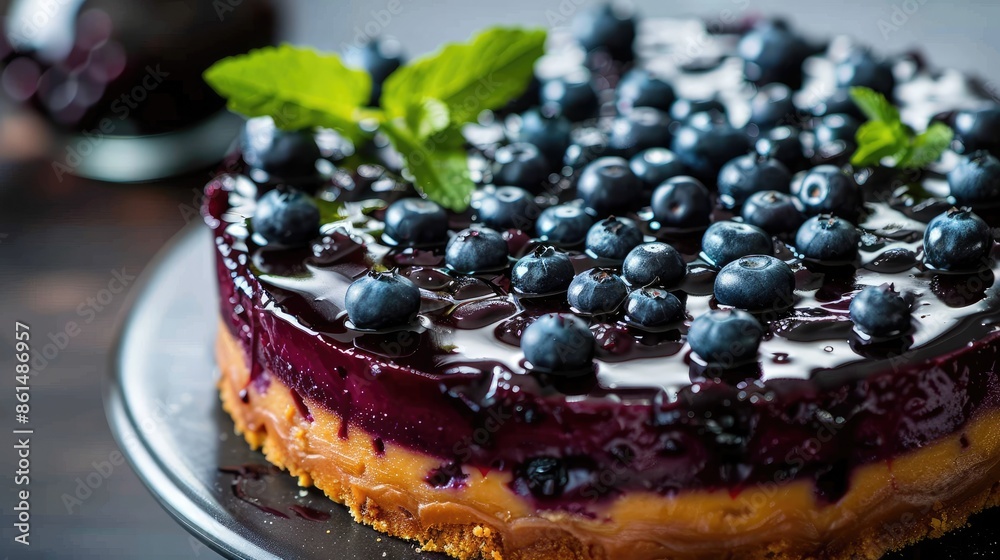 A whole blueberry cheesecake with a golden crust, garnished with fresh mint leaves and a generous layer of blueberry topping. A whole blueberry cheesecake with a golden crust, garnished with fresh mint leaves and a generous layer of blueberry topping.