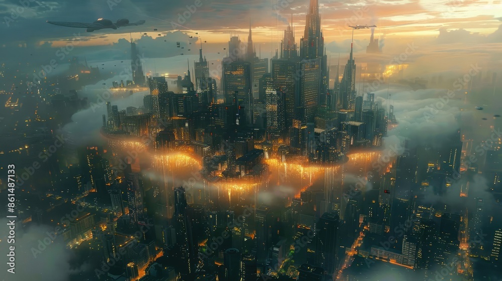 Aerial view of a vibrant fantasy world merging with a bustling urban cityscape Aerial view of a vibrant fantasy world merging with a bustling urban cityscape