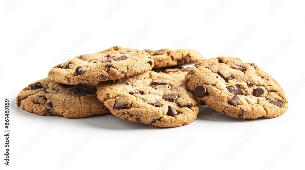 An array of chocolate chip cookies captured in mid-fall, showcasing their golden-brown texture and gooey chocolate chunks against a pure white backdrop. An array of chocolate chip cookies captured in mid-fall, showcasing their golden-brown texture and gooey chocolate chunks against a pure white backdrop.