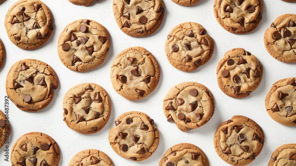 An array of chocolate chip cookies captured in mid-fall, showcasing their golden-brown texture and gooey chocolate chunks against a pure white backdrop. An array of chocolate chip cookies captured in mid-fall, showcasing their golden-brown texture and gooey chocolate chunks against a pure white backdrop.