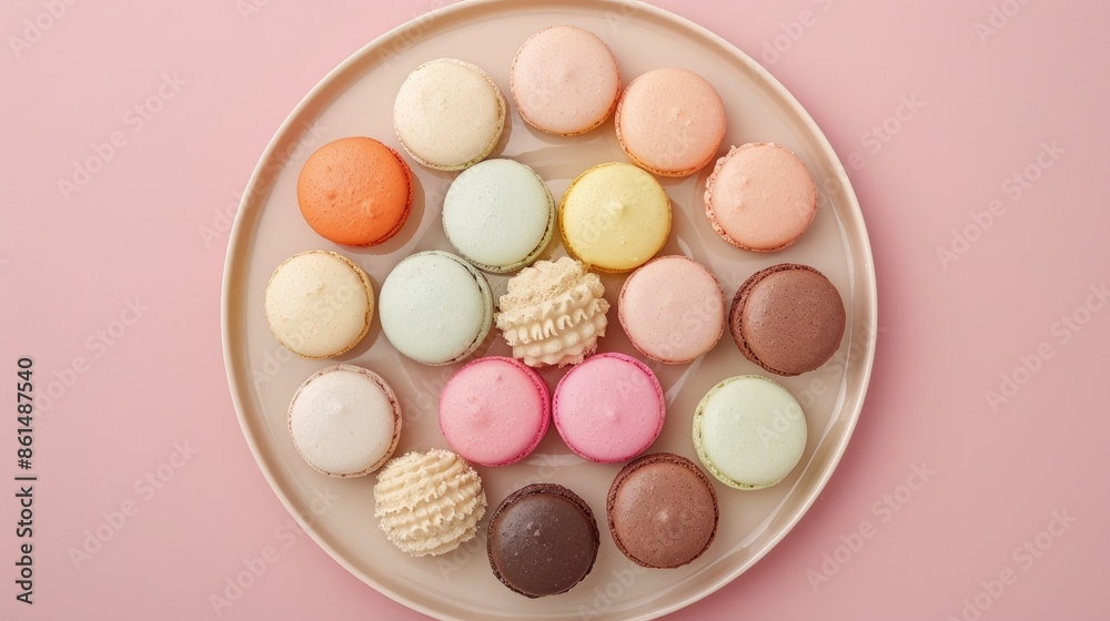 A variety of macarons arranged in a circular pattern on a pastel-colored plate, creating a visually pleasing display A variety of macarons arranged in a circular pattern on a pastel-colored plate, creating a visually pleasing display