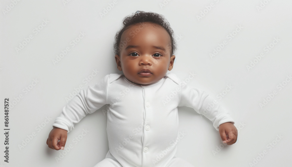 Adorable baby in a white outfit lying on a white background, exuding calmness and purity, capturing the essence of innocence and tranquility with a serene, delicate expression Adorable baby in a white outfit lying on a white background, exuding calmness and purity, capturing the essence of innocence and tranquility with a serene, delicate expression