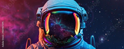 Astronaut helmet adorned with neon-colored feathers