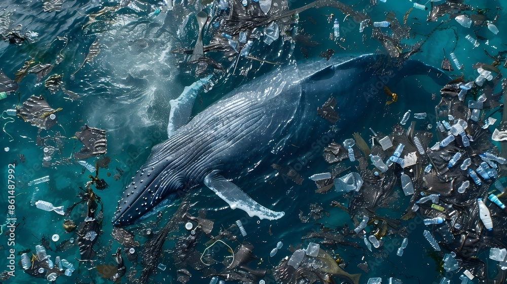 Fototapeta premium Majestic Blue Whale Navigating Through Microplastic Pollution in the Ocean