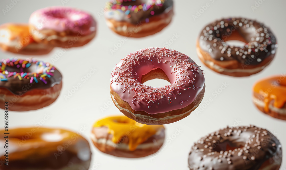 Various colorful of donuts floating on the air isolated on white background Various colorful of donuts floating on the air isolated on white background
