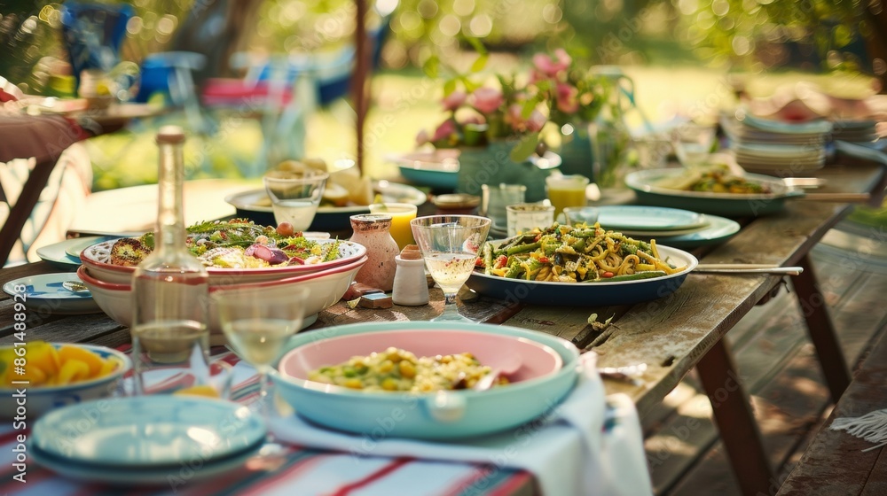 Campsite Picnic Scene with Stylishly Arranged Table Featuring Ramen, Stir-Fry and More, During a Sunny Day – Perfect for World Picnic Day Campsite Picnic Scene with Stylishly Arranged Table Featuring Ramen, Stir-Fry and More, During a Sunny Day – Perfect for World Picnic Day