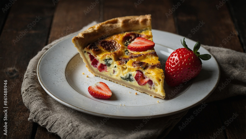 A plate of quiche with a strawberry on top A plate of quiche with a strawberry on top