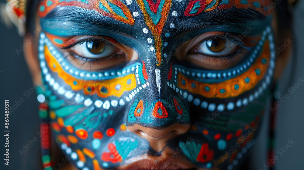 Closeup of a face with intricate tribal paint, colorful patterns Closeup of a face with intricate tribal paint, colorful patterns