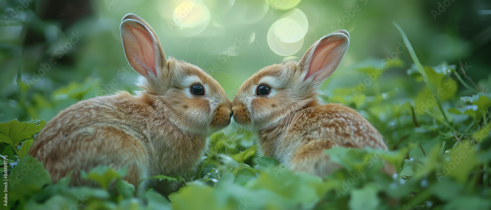 Two rabbits in lush green foliage, soft natural light Two rabbits in lush green foliage, soft natural light