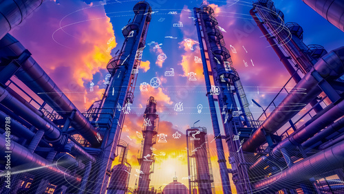 Refinery with digital data visualization, heavy industry digital transformation concept.