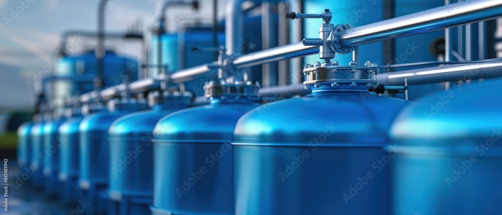Industrial Water Filtration System with Blue Tanks and Pipes in a Modern Facility