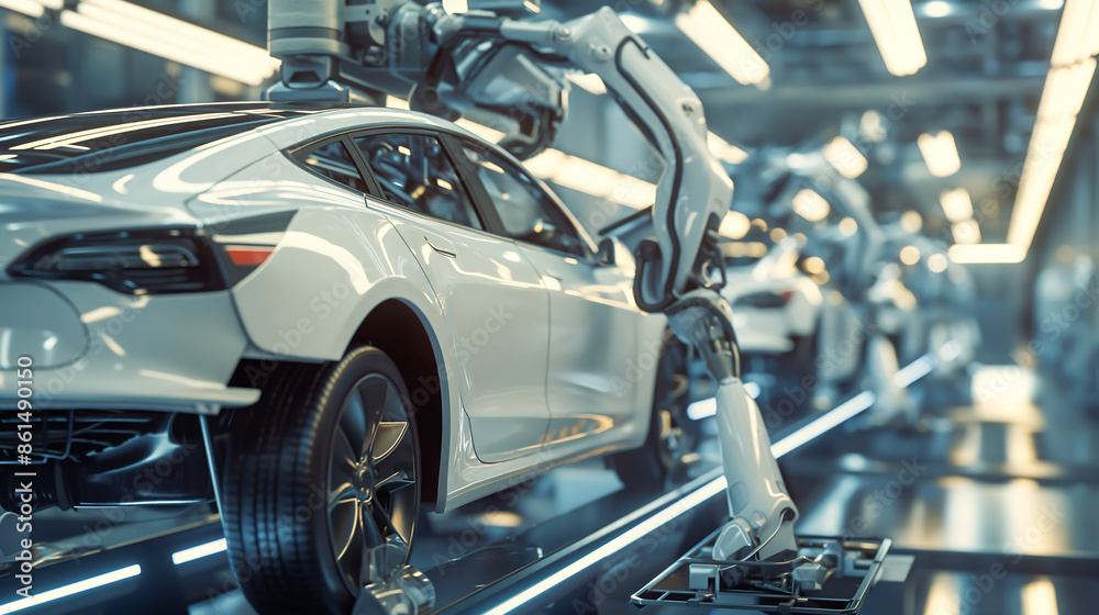 Fototapeta premium Futuristic electric car automated robot arm assembly line manufacturing