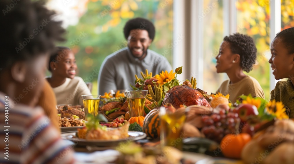 An exuberant family shares a festive meal at an autumn-decorated table, celebrating the season's harvest and togetherness with joy and laughter.