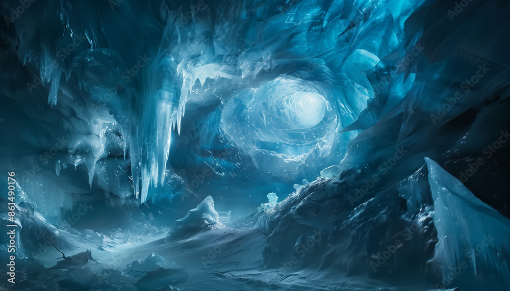 An ethereal ice cave with stunning formations and a blue glow, creating a magical and mysterious underground world of ice and beauty