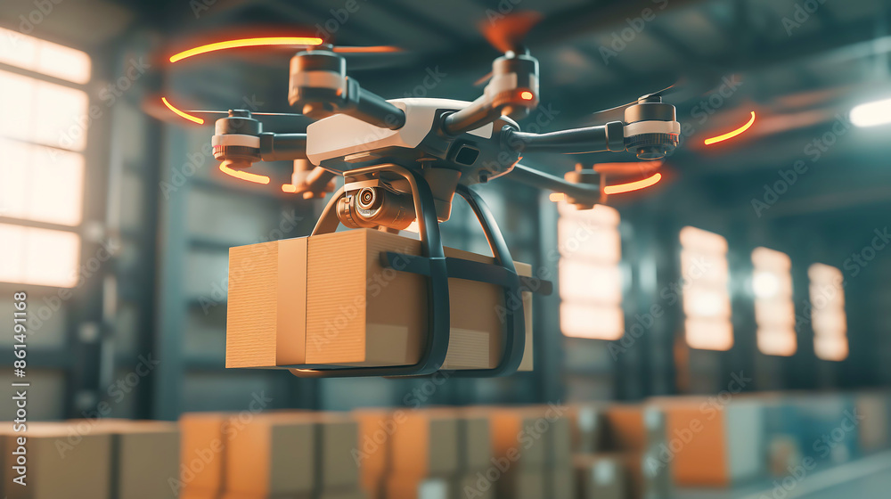 Drone flying through a warehouse, Futuristic parcel drone takes off on flight from warehouse to client waiting for package Drone flying through a warehouse, Futuristic parcel drone takes off on flight from warehouse to client waiting for package