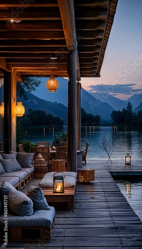 a patio with a couch and a table next to a body of water