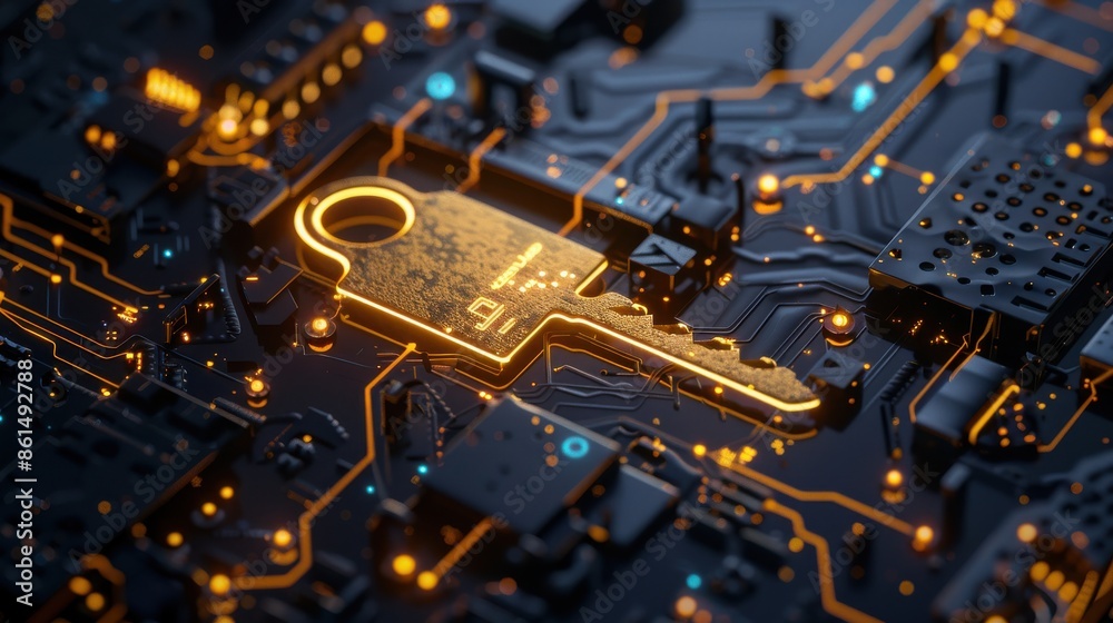 Password entry field, golden security key, digital lock, front view, highlights data protection, technology tone, complementary color scheme Password entry field, golden security key, digital lock, front view, highlights data protection, technology tone, complementary color scheme