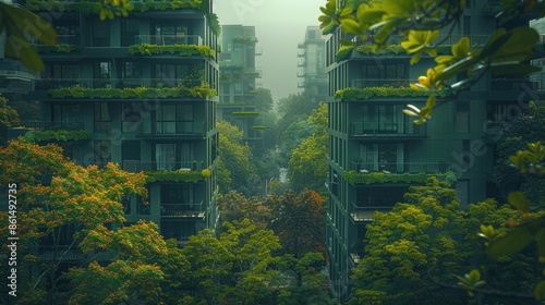 Sustainable cityscape with green buildings among foliage, soft tones, fine details, high resolution, high detail, 32K Ultra HD, 