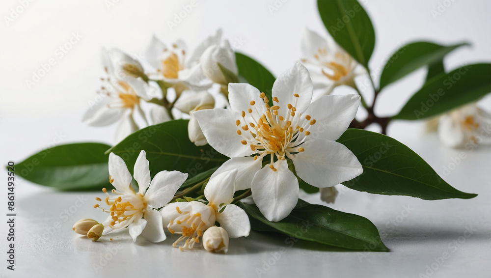 Jasmine flowers with leaves isolated on white background Jasmine flowers with leaves isolated on white background