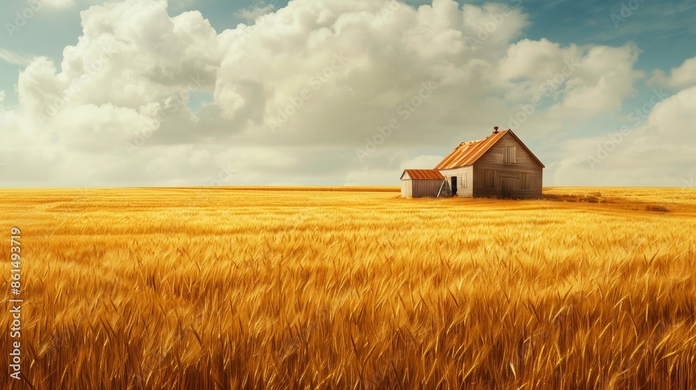 Farm house over wheat field in farm land. Farm house over wheat field in farm land.