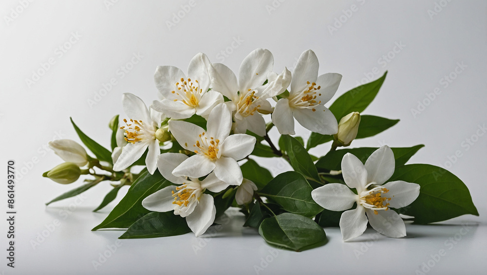 Fototapeta premium Jasmine flowers with leaves isolated on white background