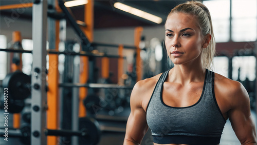 Woman in a gym with a determined expression, ready to begin her workout. photo