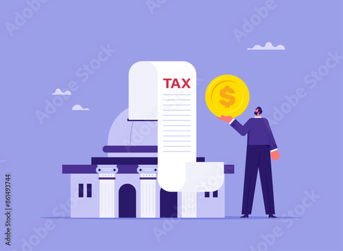 Paying taxes or tax burden or debt to pay concept, financial charge and duty to pay for government, businessman holding money coin and looking at tax bills