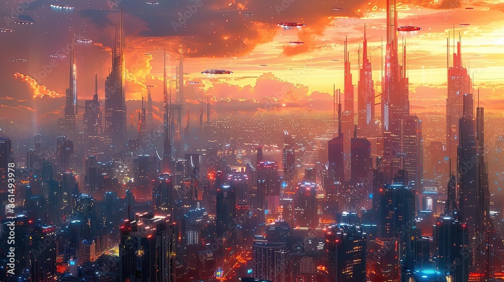 Fototapeta premium Side view of a futuristic cityscape