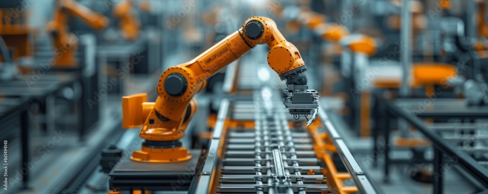 Industrial robot in operation on a modern assembly line in a manufacturing facility Industrial robot in operation on a modern assembly line in a manufacturing facility