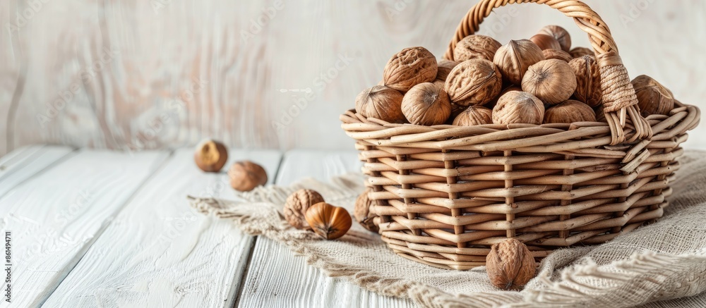 A wicker basket holds walnut hazelnuts on a white wooden table with copy space image. A wicker basket holds walnut hazelnuts on a white wooden table with copy space image.