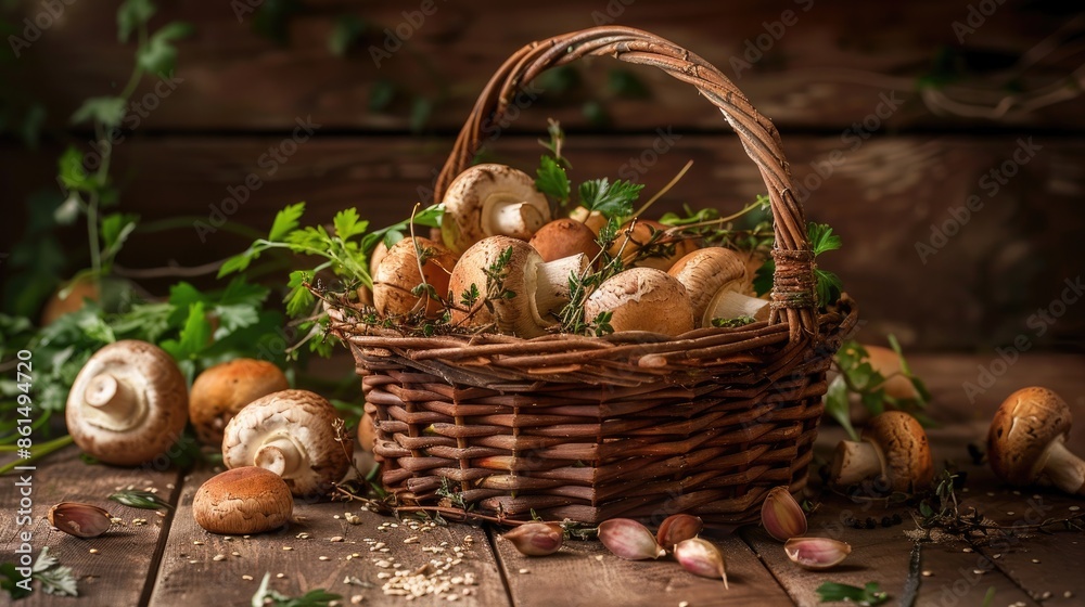 Captivating image showcasing a rustic basket brimming with luscious porcini mushrooms, sesame mushrooms, and flavorful herbs and spices, creating a picturesque scene on a wooden tabletop. Captivating image showcasing a rustic basket brimming with luscious porcini mushrooms, sesame mushrooms, and flavorful herbs and spices, creating a picturesque scene on a wooden tabletop.