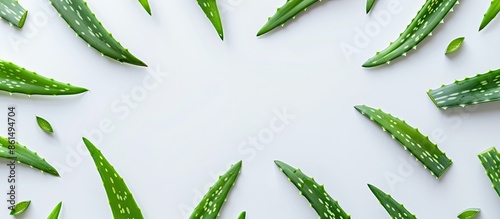 A flat lay composition with green aloe vera leaves against a white backdrop, offering ample copy space image.
