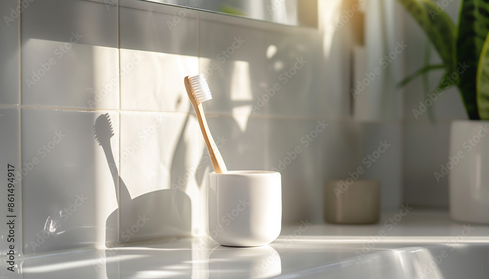 A bamboo toothbrush in a white holder on a sunlit bathroom counter, promoting eco-friendly and sustainable oral care with a modern aesthetic A bamboo toothbrush in a white holder on a sunlit bathroom counter, promoting eco-friendly and sustainable oral care with a modern aesthetic