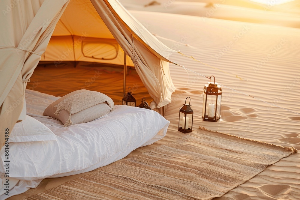 Luxurious Glamping Retreat in Desert Landscape at Sunset with Elegant Tent and Plush Bedding Luxurious Glamping Retreat in Desert Landscape at Sunset with Elegant Tent and Plush Bedding