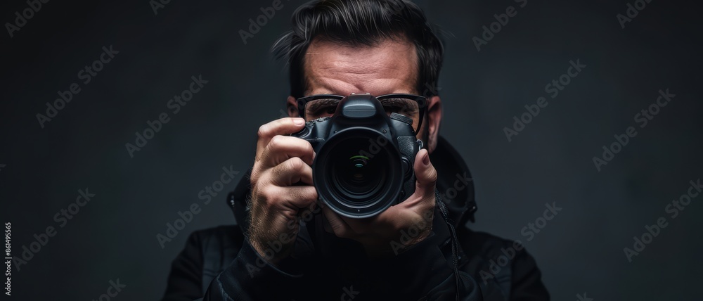 Professional Photographer Capturing the Perfect Shot with a DSLR Camera in a Dark Studio Setting Professional Photographer Capturing the Perfect Shot with a DSLR Camera in a Dark Studio Setting