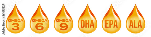 Omega fatty acid, Omega 3, Omega 6, Omega 9 drop vitamin icon. Fish oil drop suplement. DHA, EPA, ALA nutrient vector design.