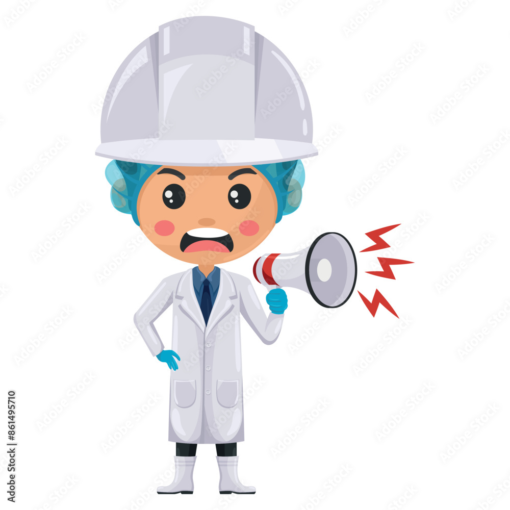 Angry quality control supervisor production line making an announcement with a megaphone. Food industry engineer. Chief food safety. Science, technology and safety in food production and processing Angry quality control supervisor production line making an announcement with a megaphone. Food industry engineer. Chief food safety. Science, technology and safety in food production and processing