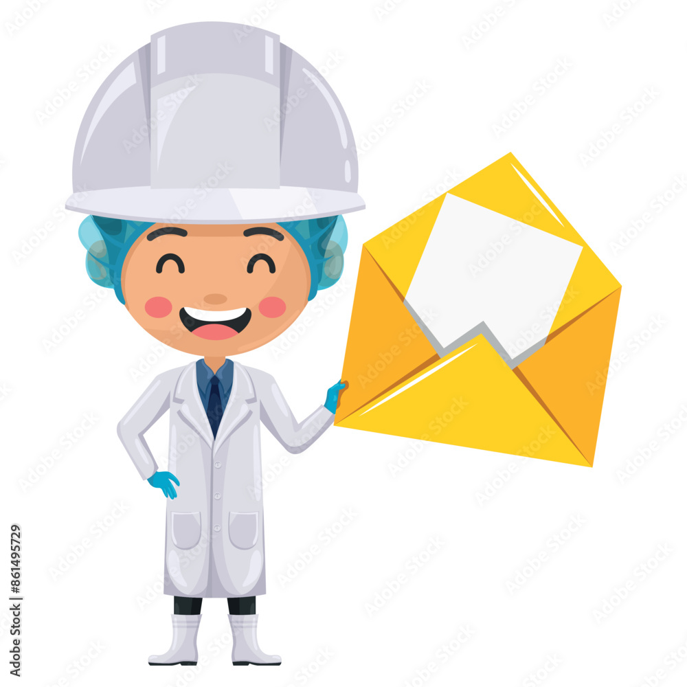 Quality control supervisor with open letter envelope for email. Food industry engineer. Concept of notification and contact. Chief food safety engineer. Safety in food production and processing Quality control supervisor with open letter envelope for email. Food industry engineer. Concept of notification and contact. Chief food safety engineer. Safety in food production and processing