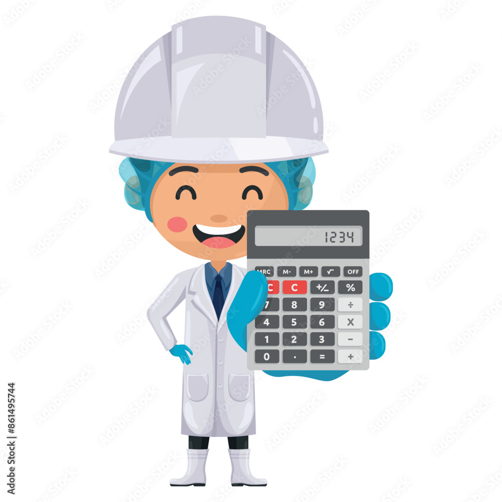 Quality control supervisor with calculator in hand for financial analysis, accounting and budget calculation. Food industry engineer. Chief food safety. Safety in food production and processing Quality control supervisor with calculator in hand for financial analysis, accounting and budget calculation. Food industry engineer. Chief food safety. Safety in food production and processing