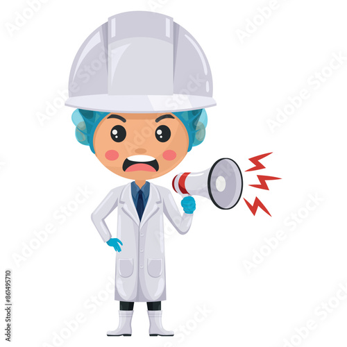 Angry quality control supervisor production line making an announcement with a megaphone. Food industry engineer. Chief food safety. Science, technology and safety in food production and processing
