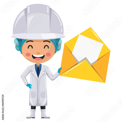 Quality control supervisor with open letter envelope for email. Food industry engineer. Concept of notification and contact. Chief food safety engineer. Safety in food production and processing