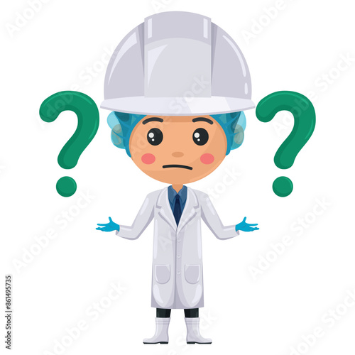 Quality control supervisor in food production line with giant question for FAQ concept. Food industry engineer. Chief food safety. Science, technology and safety in food production and processing
